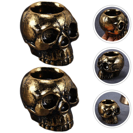 2 Pcs Skull Holder Tea Lights Decor – Halloween Resin Candlesticks for Unique Home Styling
