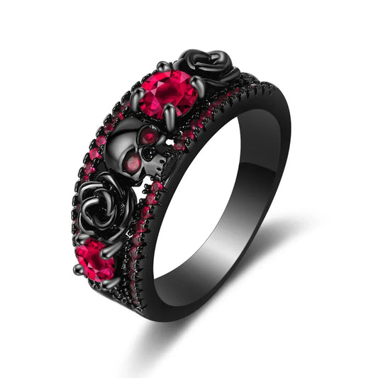 Retro Punk Skull Flower Ring – Gun Black Electroplated with Red, Blue, Green Zircon