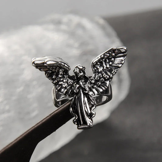 Gothic Vintage Distressed Angel Ring – Ancient Silver Punk Couple Jewelry