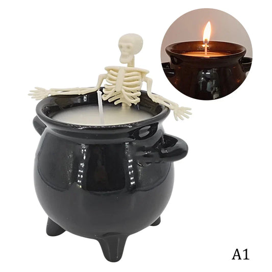 1Pcs Halloween Skeleton Candle – Long Burning Gothic Cauldron Bathing Skull Candle