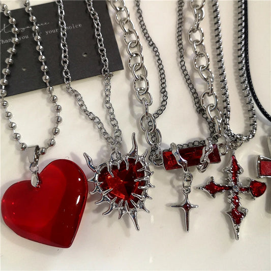 Gothic Red Heart Thorns Cross Chains Necklace – Hip-Hop Grunge Punk Y2K Jewelry for Women & Men